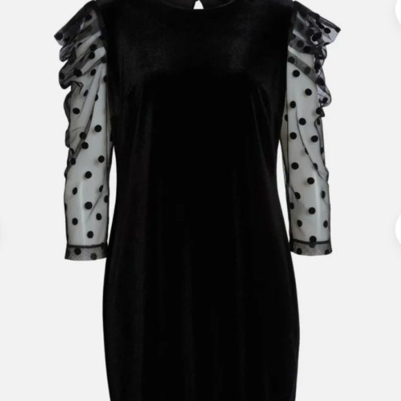 JULIA JORDAN Dot Mesh Sleeve Velvet Shift Dress In Black Size 8 NWT - Picture 1 of 9